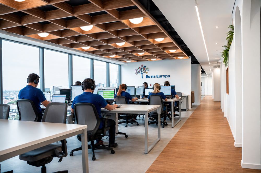 Corredor do escritório da Eu na Europa em Alphaville, com equipe em atendimento e a marca na parede.