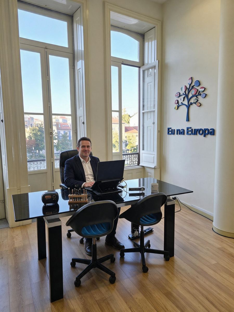 Sala de atendimento no escritório da Eu na Europa na Europa, com a marca na parede.